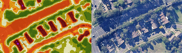 Street with houses and trees and heat map showing the temperature