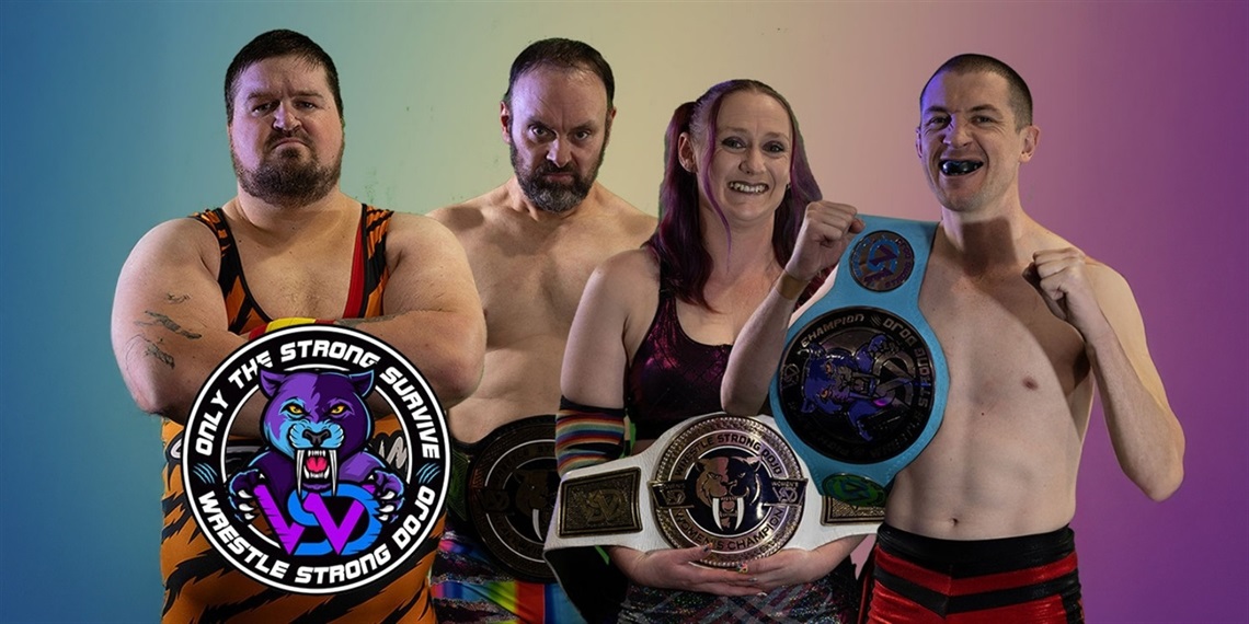 Four wrestlers pose confidently, each holding championship belts, against a colorful gradient background. A logo reads 