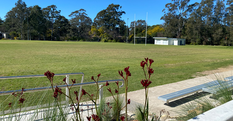 Native flowers, ramp and benches with sports field with goal posts and amenities building