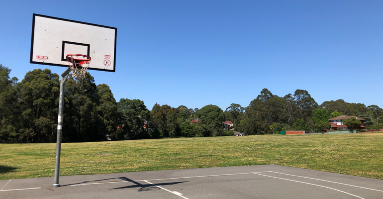 Basketball court with board, grass and trees in background