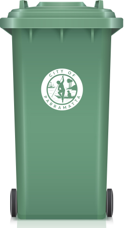 image of Garden Bin for recycling organic material. It has a green lid and the City of Parramatta white crest logo on it. 