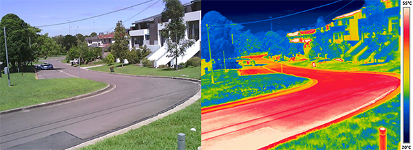 Two images: 1. street with houses and grass, 2. thermo image of street