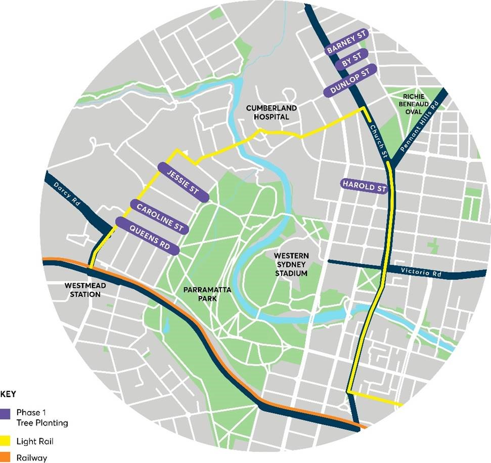 Map of Parramatta Light Rail Tree Planting Neighbourhood Improvement Program