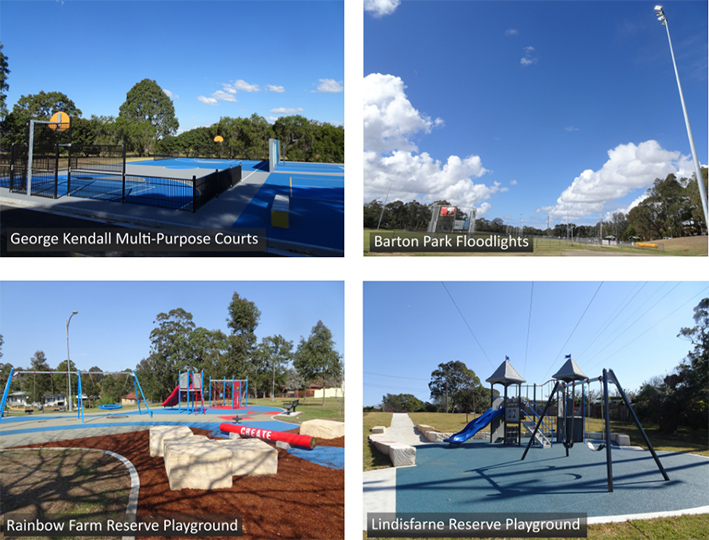 George Kendall multi-purpose courts, Barton Park floodlights, Rainbow Farm Reserve Playground and Lindisfarne Reserve Playground