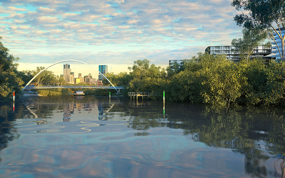 Parramatta River pedestrian and cycle bridge looking west from river artist impression