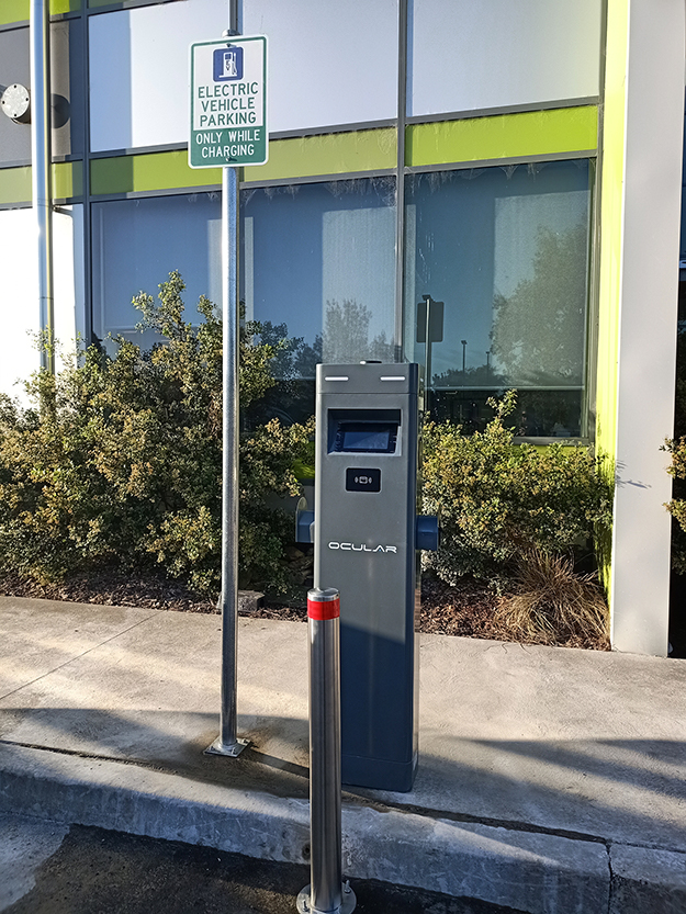 An electric vehicle parking station.