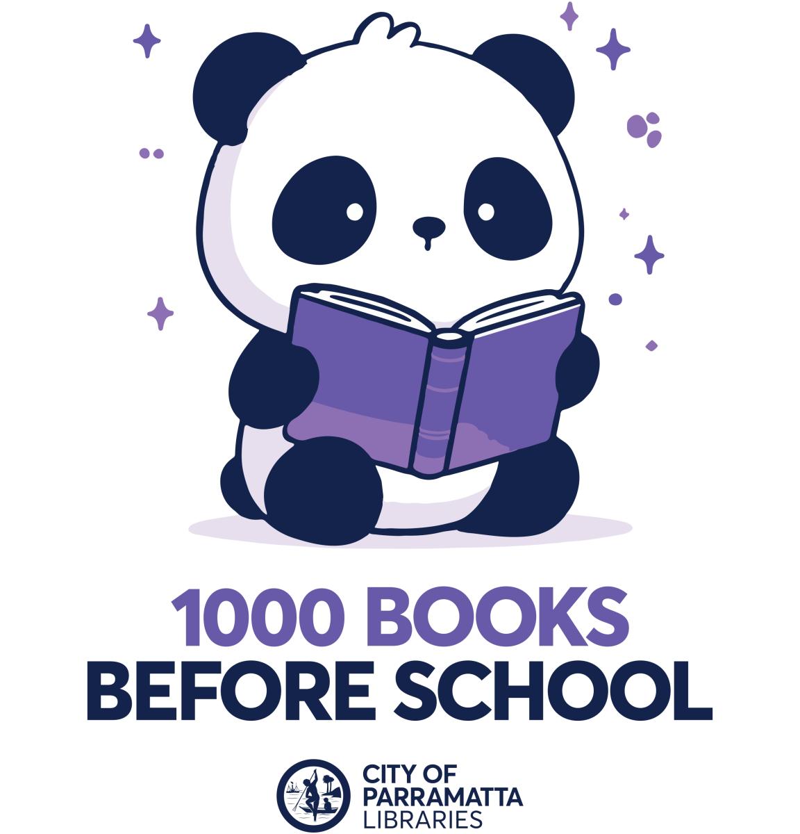 A cute panda sits while reading a purple book surrounded by sparkling stars. Text below reads "1000 Books Before School," with a library logo beneath.