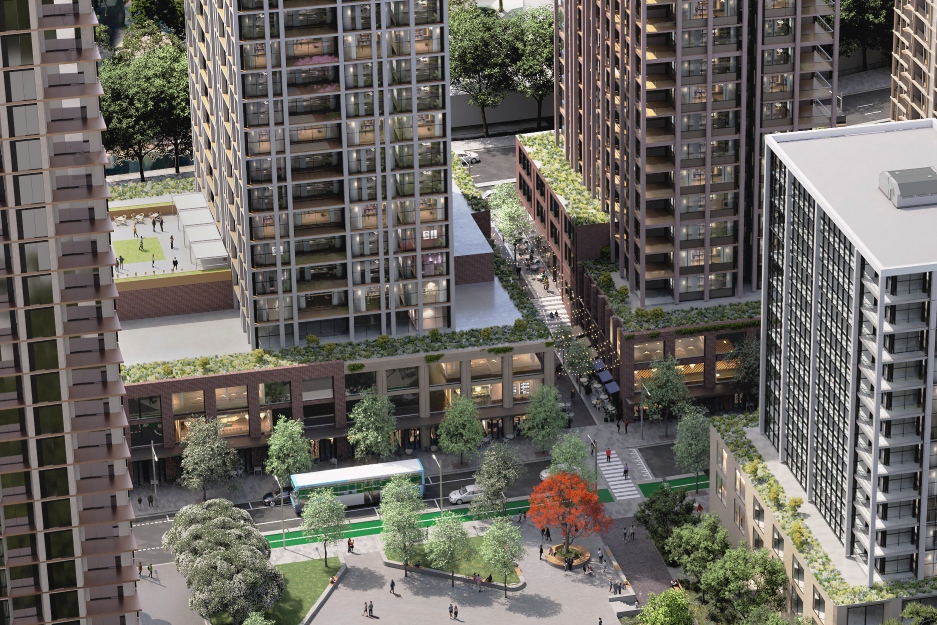 Aerial view of modern high-rise buildings with green terraces and a courtyard below. Trees line the streets, and people walk near a bus stop.