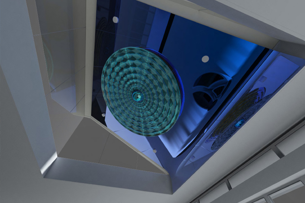Illustrated is an architects rendering of a skylight within the new 5 Parramatta Square Civic Building. It is blue and purple with wavy lines entitled 'The Ripple Effect' 