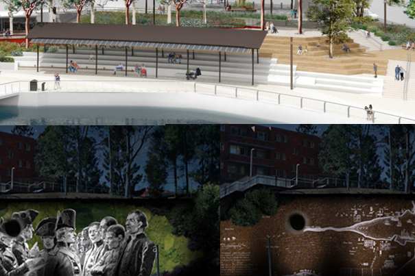 Architects rendering of night time lighted colour projections on the rock escarpment opposite Charles Street Square and Parramatta Ferry Wharf