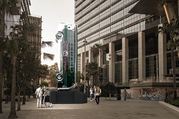 A shiny, silvery, reflective architects rendering of Place of the Eels - a recreation of the bus used by the Rugby League Parramatta Eels football team for meetings after the Granville Stadium was burned down. 