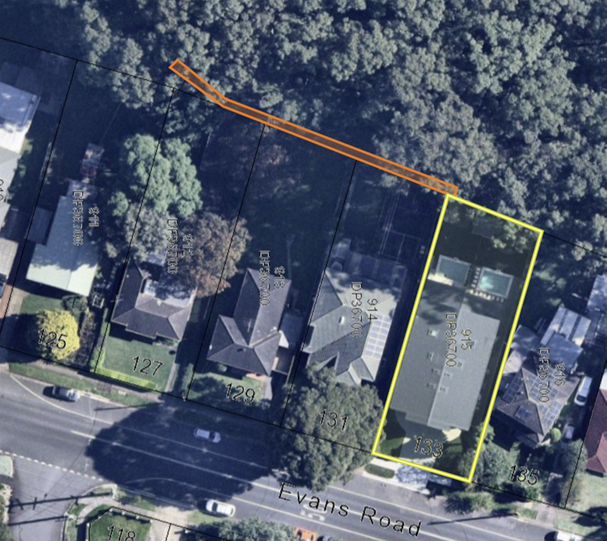 proposed easement is shown by way of the orange line, connecting from the subject property to the existing public stormwater facility within the Reserve: