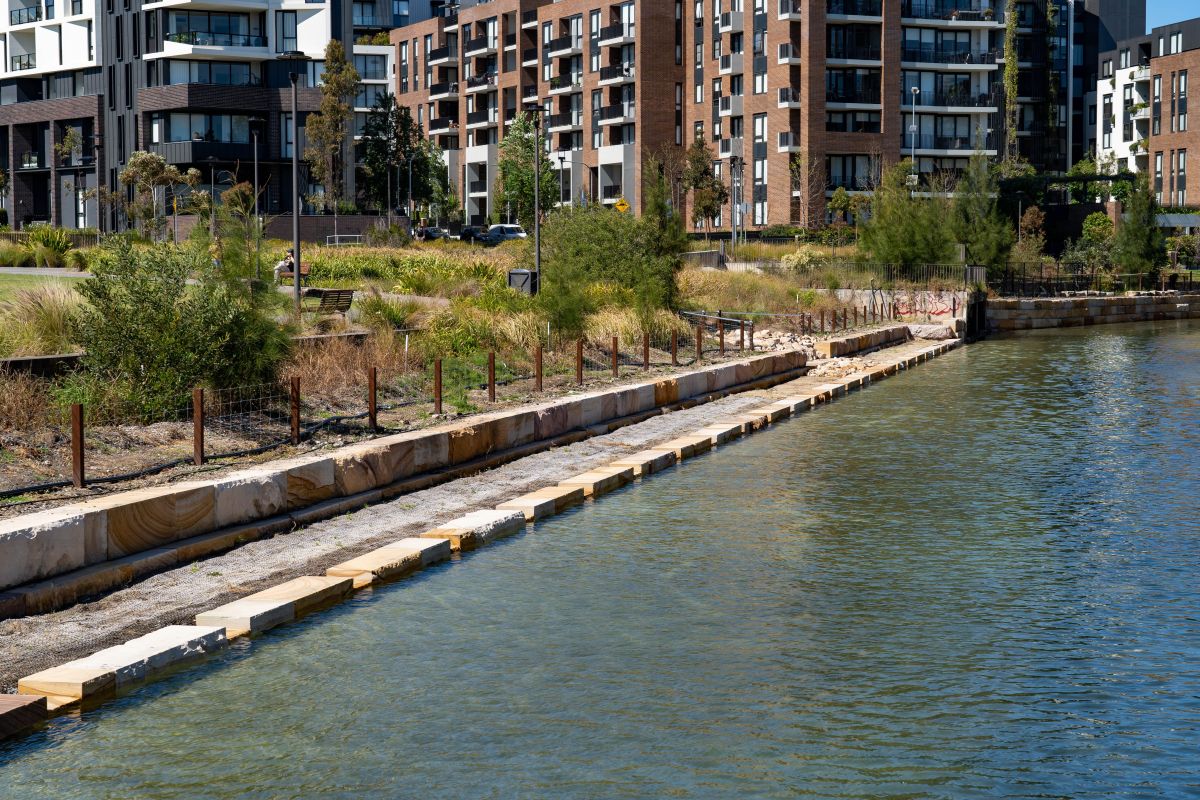 creek bank restored with sandstone blocks