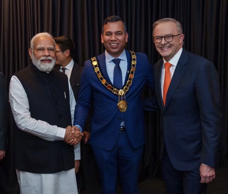 Indian Prime Minister Narendra Modi,Lord Mayor Sameer Pandey and Australian Prime Minister Anthony Albanese