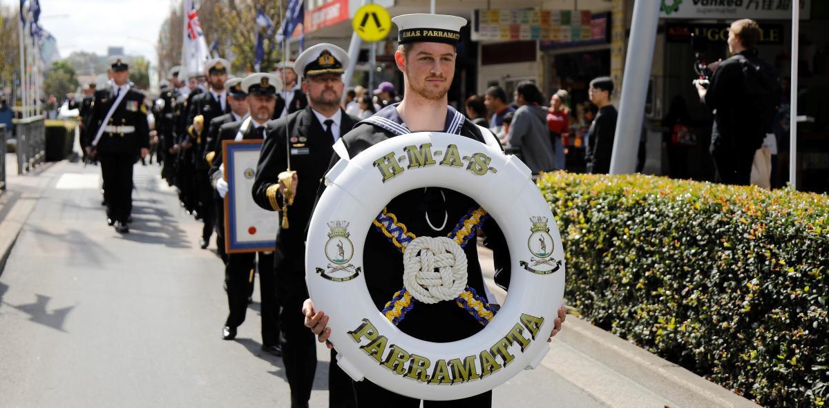 Sailors marching in the Freedom of Entry parade in Parramatta