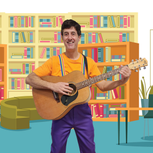 Man wearing yellow shirt in library