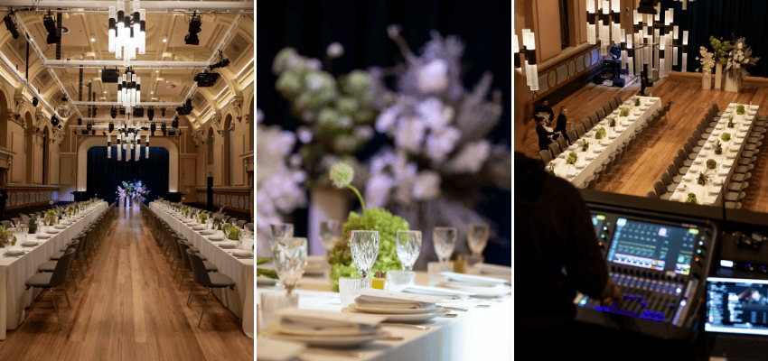 Two stately king-tables set up to accommodate 100 guests in the elegant Great Hall – where soaring ceilings and chandeliers are complemented by the latest audio-visual technology.