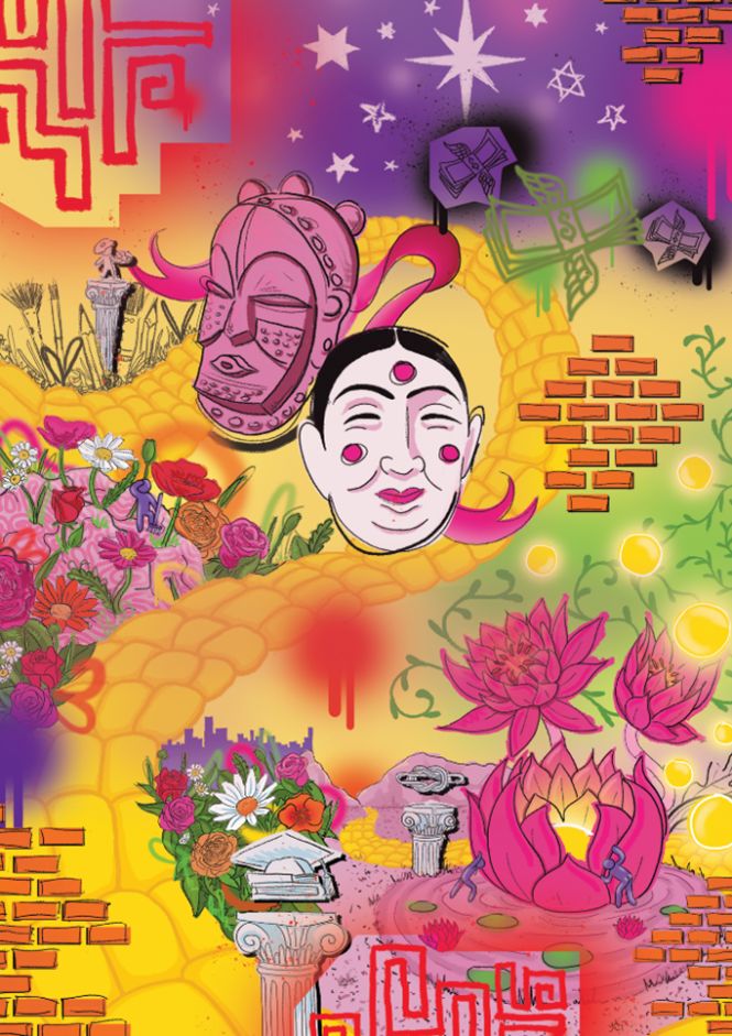 Vibrant artwork with abstract elements: tribal masks, a serene face, flowers, stars, bricks, pillars, and swirling colors; evokes mystery and energy.