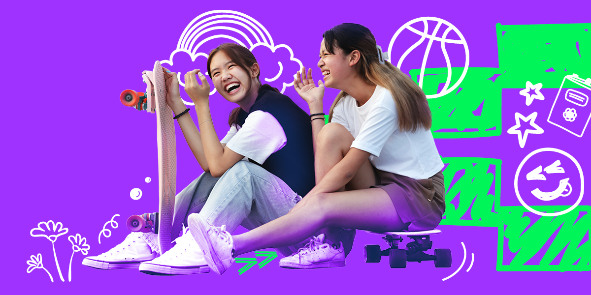 Two teenage girls against purple graphic background