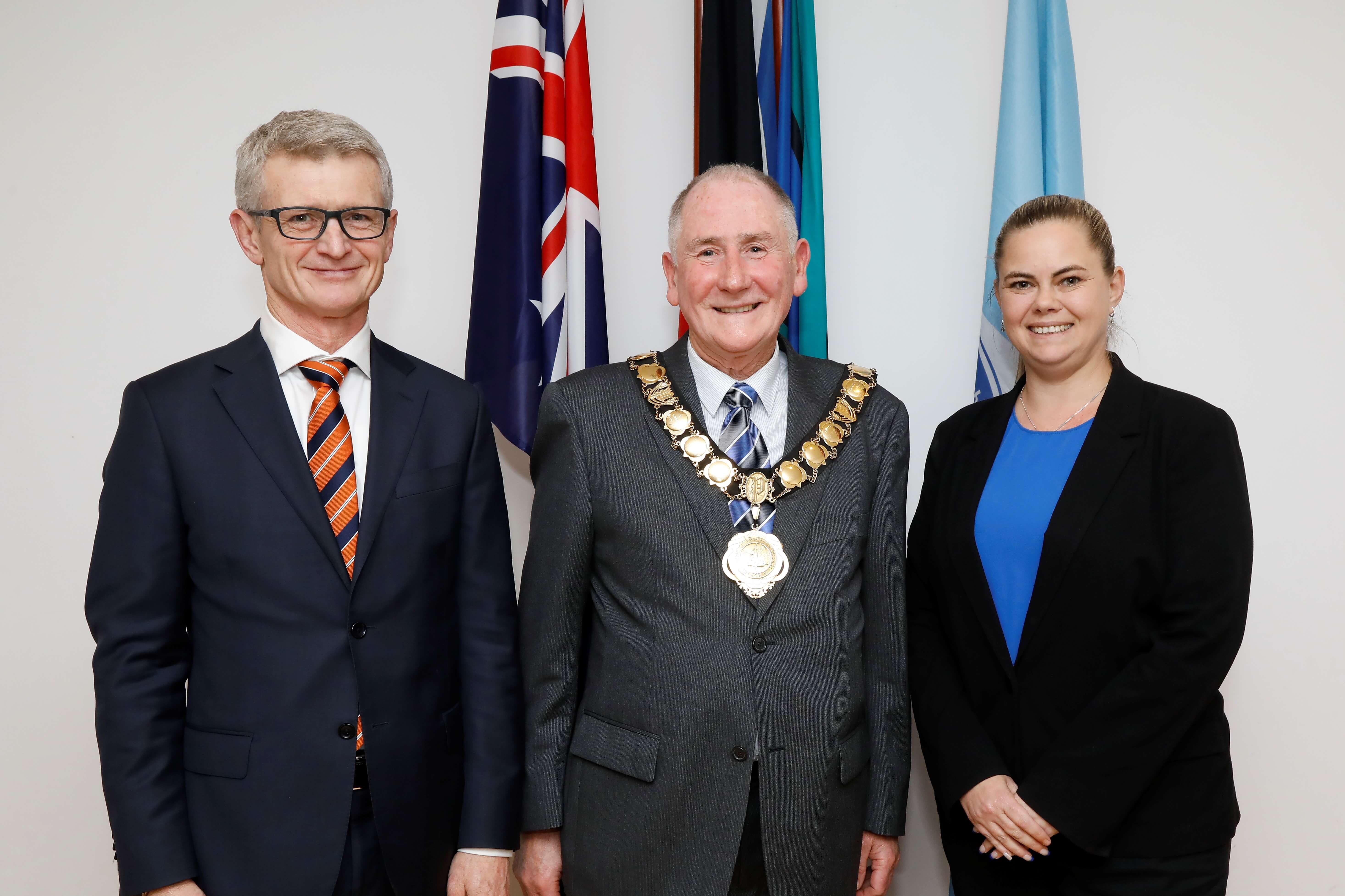 CEO Brett Newman, Lord Mayor Bob Dywer and Deputy Lord Mayor Michelle Gerard