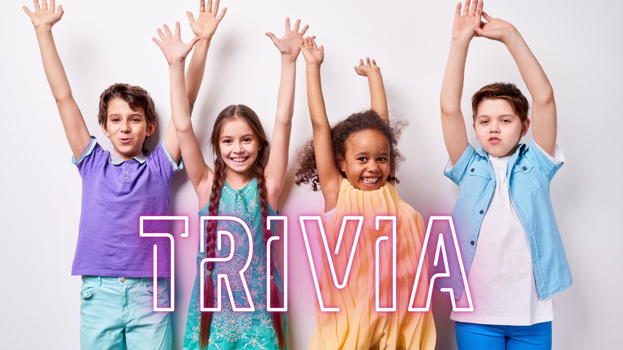 2 boys and 2 girls with hands in the air and the word trivia in front of them