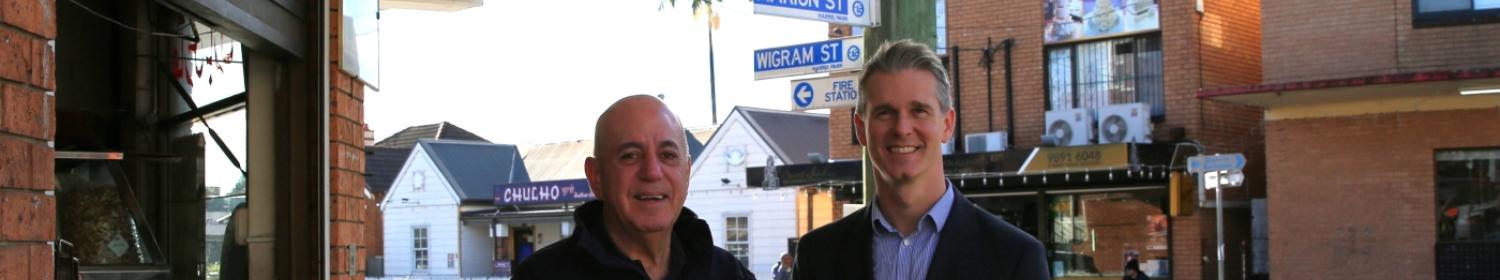 City of Parramatta Lord Mayor Cr Pierre Esber and Dr Andrew Charlton MP in Harris Park