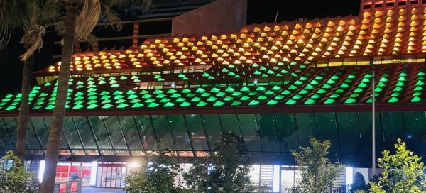 Council's Civic Building lit up green and gold for the Socceroos