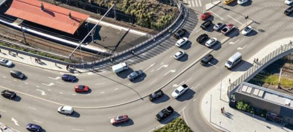 drone view of the bridge with cars crossing the bridge