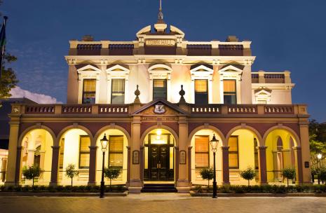Parramatta Town Hall at night from the front