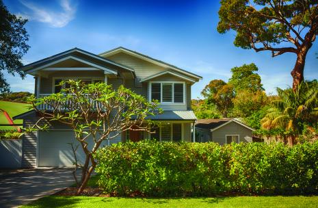 Outside a stylish house with a really leafy garden and trees